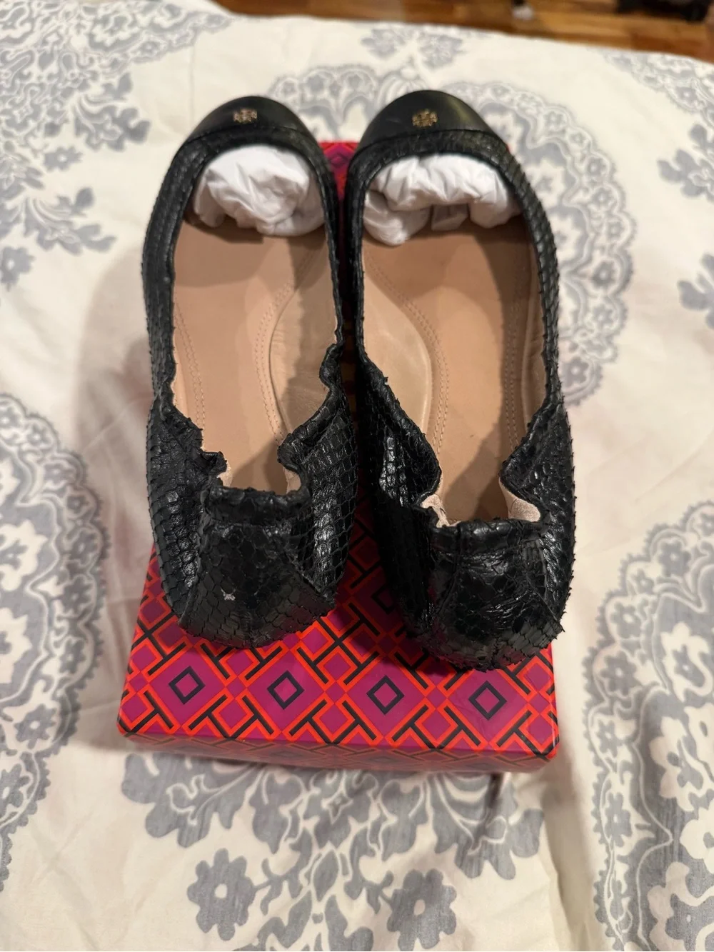 Tory Burch Black Leather Ballet Flats with Gold Logo